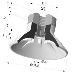 Flat suction cup series 99, Ø 31.5 mm with fitting female M5, filter and nozzle