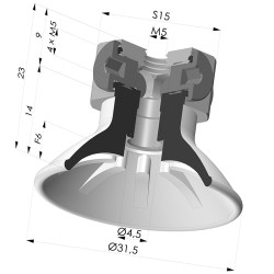 Flat suction cup series 99, Ø 31.5 mm with fitting female M5 and distribution block