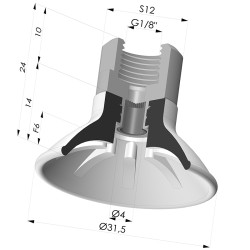 Flat suction cup series 99, Ø 31.5 mm with fitting female G1/8" and filter