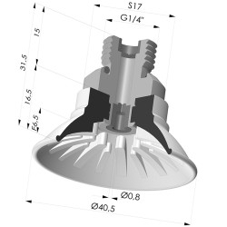 Flat suction cup series 99, Ø 40.5 mm with fitting male G1/4, filter and nozzle