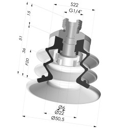 Bellows Suction Cup 2.5 folds Series 96C, Ø 50 mm