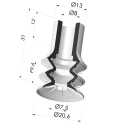 Bellows Suction Cup 2.5 folds Series 8, Ø 20 mm